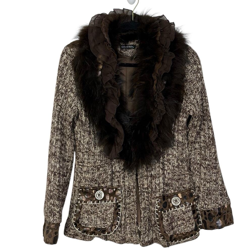 Y2K Size M Fairy Grunge Ruffled Cardigan Racoon Fur Trim Whimsigoth Brown